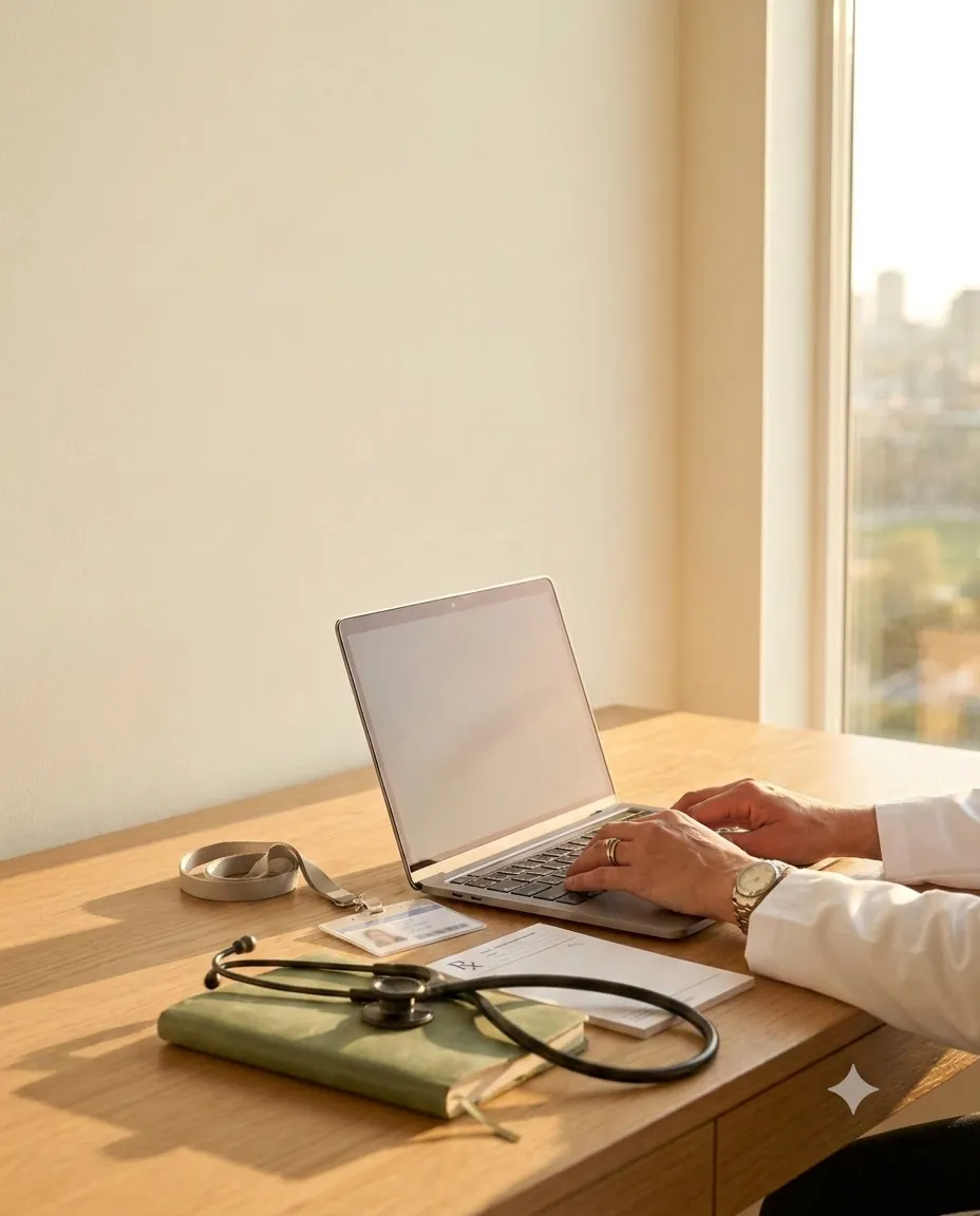 A clinician working at a laptop beside a stethoscope