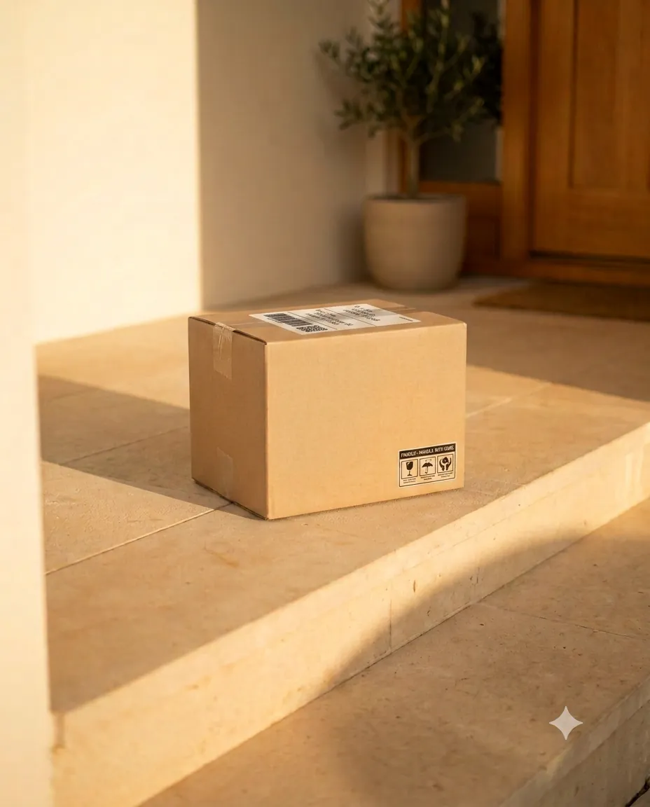 A medication delivery package resting on a doorstep